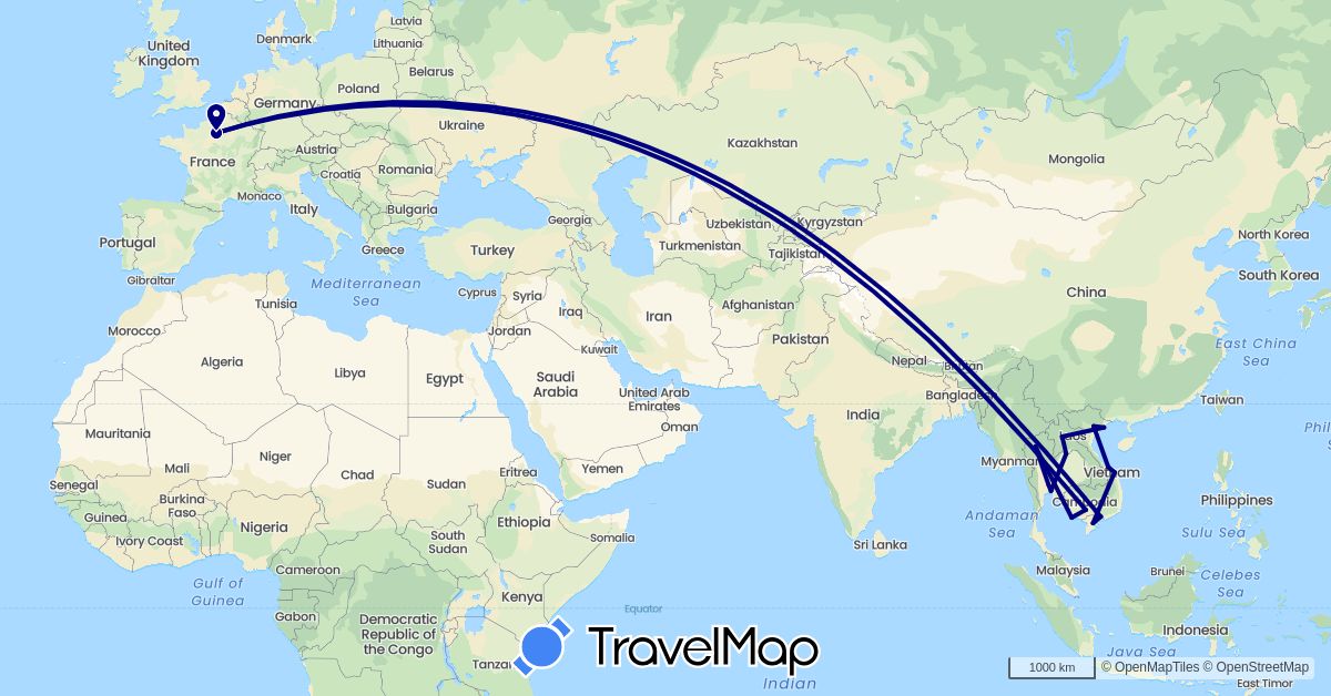TravelMap itinerary: driving in France, Cambodia, Laos, Thailand, Vietnam (Asia, Europe)